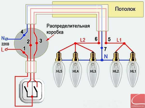 Схема подключения проводов для двухклавишного выключателя