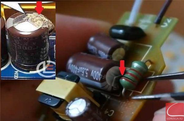 Может быть сгоревший резистор и конденсатор с утечкой/плоский конденсатор