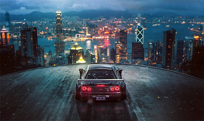 черный автомобиль, 3D, рендеринг, город, Khyzyl Saleem, Nissan GTR, Гонконг, HD обои