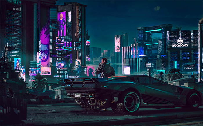 мужчина рядом с автомобилем, цифровые обои, футуристический город HD обои