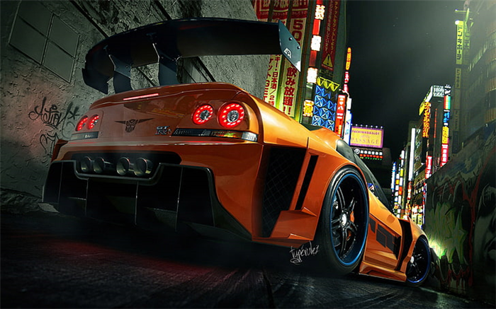 оранжевый спортивный автомобиль, Nissan Skyline GT-R R34, цифровое искусство, Need for Speed HD обои