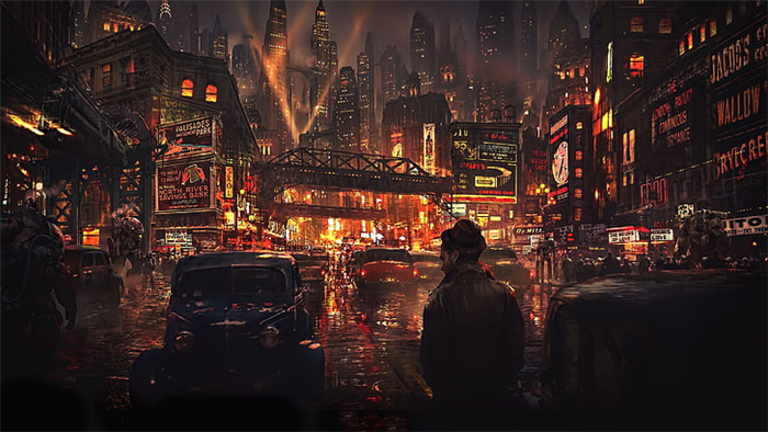 ночные огни города, человек стоит на городском освещении, художественные обои HD