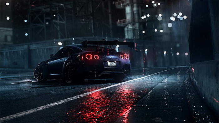 синий спортивный автомобиль, темно, ночь, дождь, Nissan, Nissan GT-R HD обои