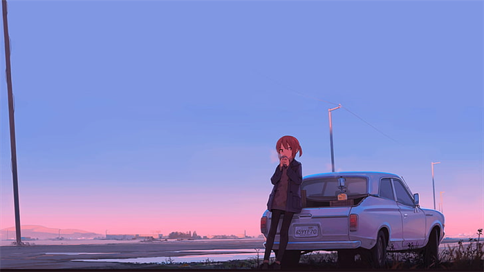 женский аниме-персонаж, прислонившийся к серебристому купе, обои, автомобиль HD обои