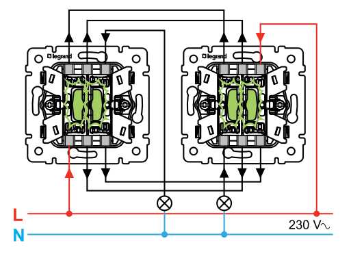Простая схема подключения двухклавишного проходного выключателя переключателя